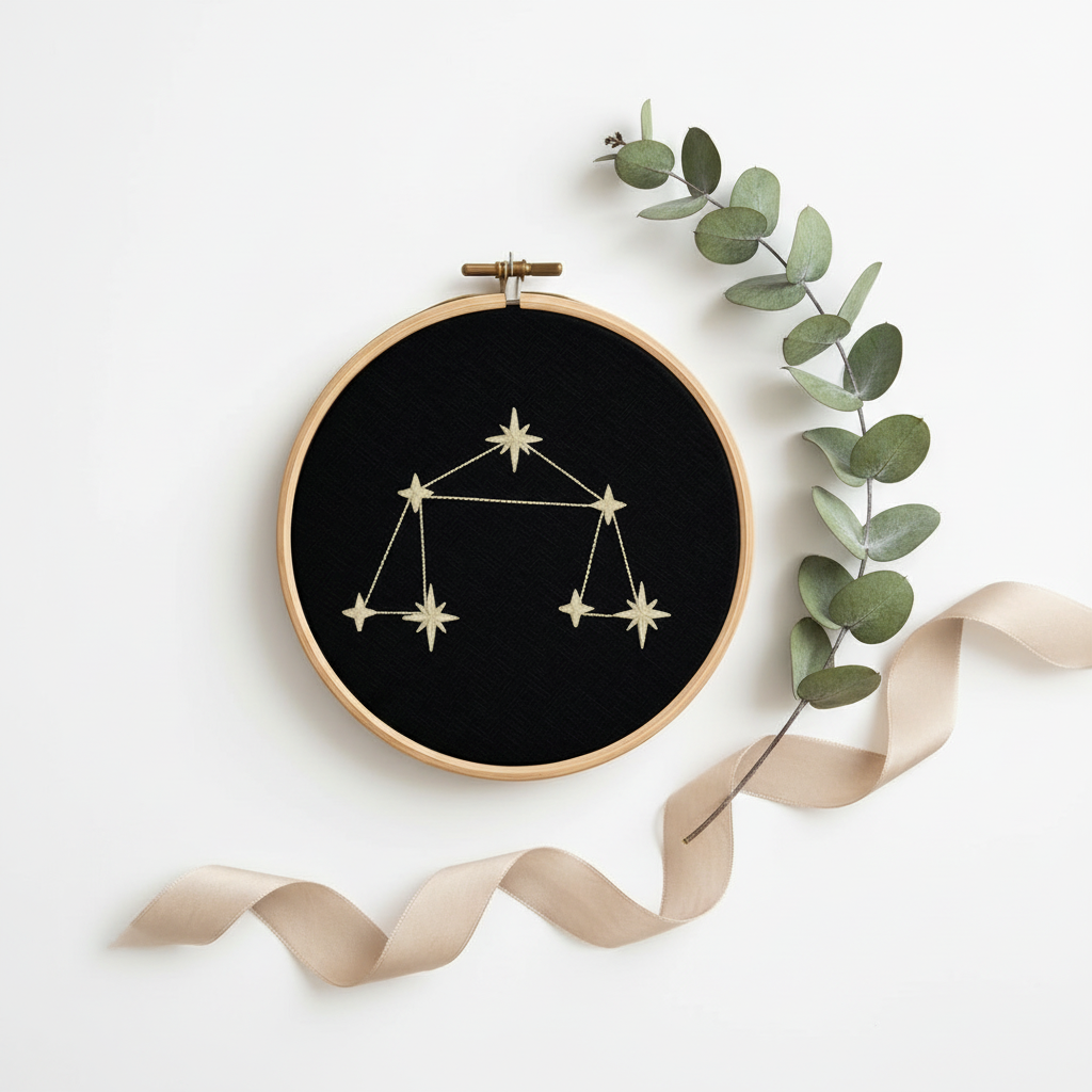 Stickrahmen Libra Flatlay mit Zweig und Band