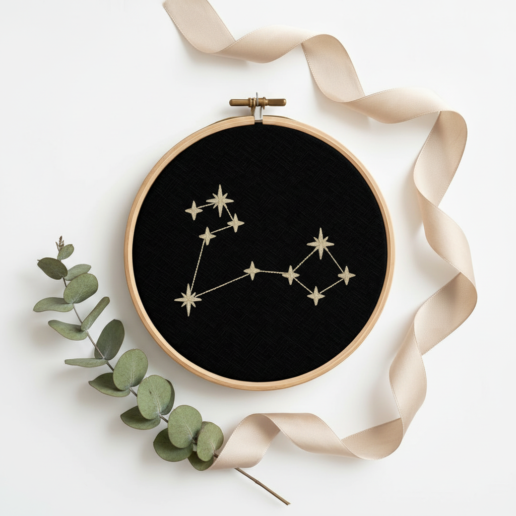 Stickrahmen Pisces Flatlay mit Zweig und Band