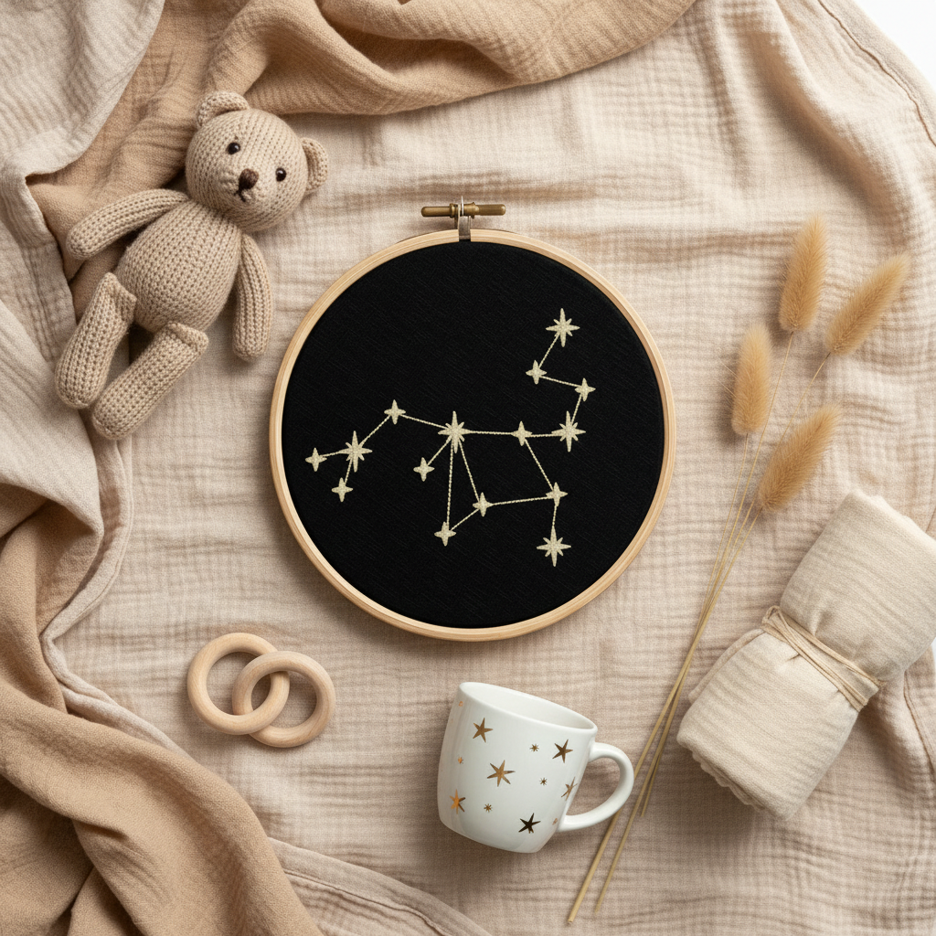 Stickrahmen Sagittarius Flatlay mit Musselin