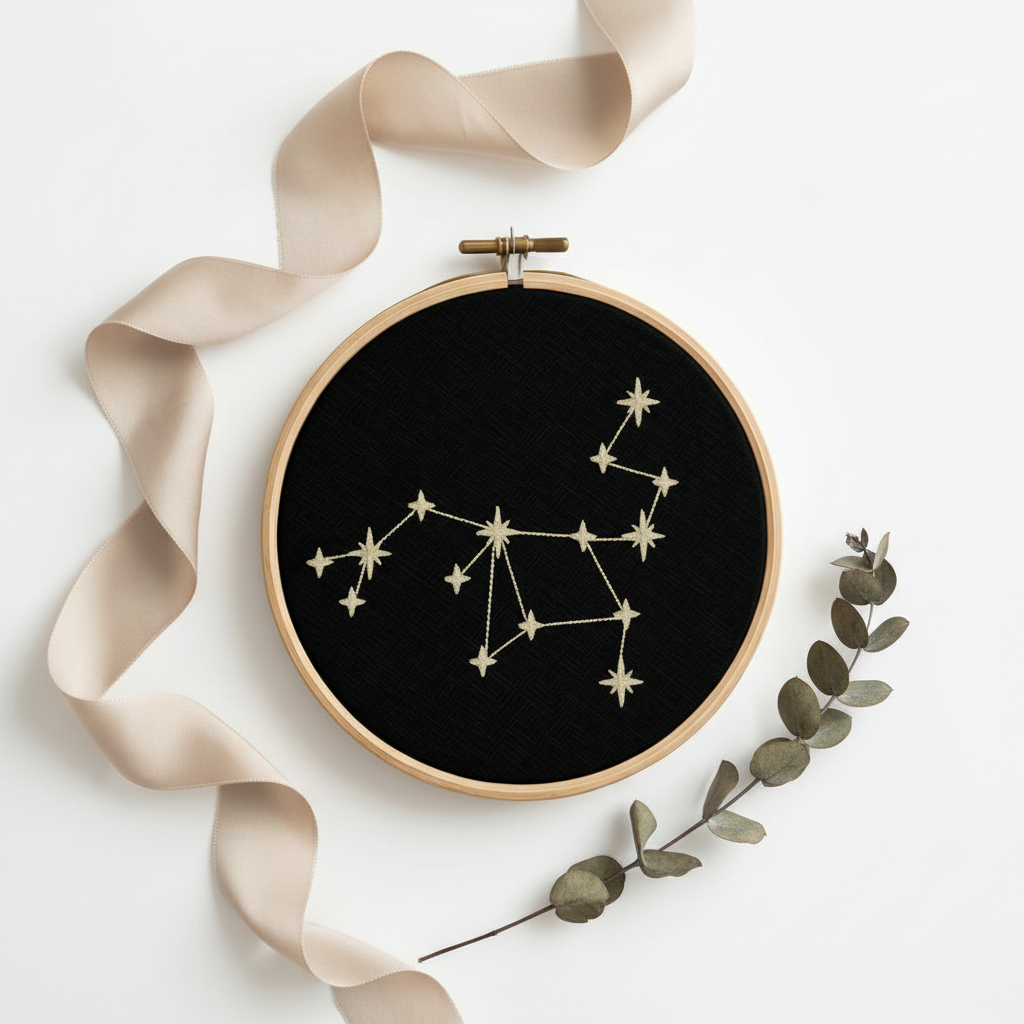 Stickrahmen Sagittarius Flatlay mit Zweig und Band