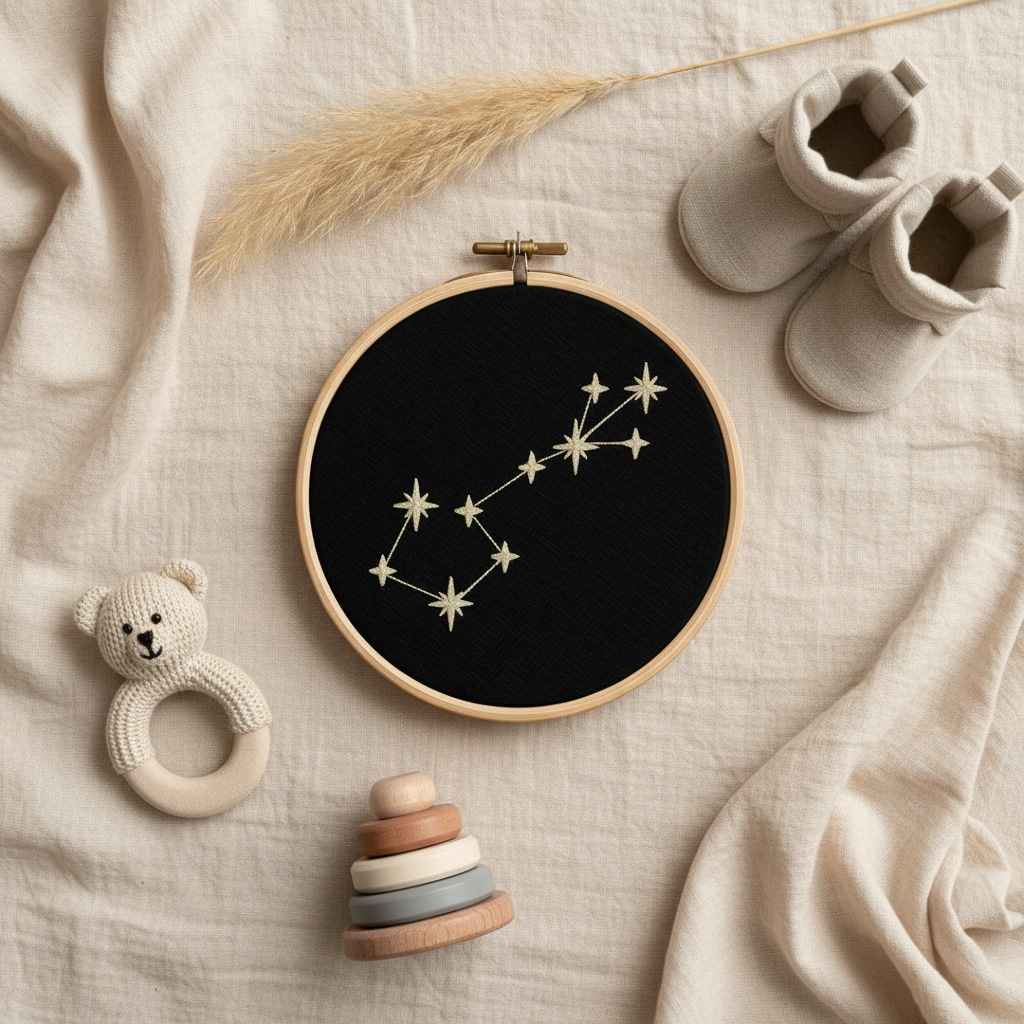 Stickrahmen Scorpio Flatlay mit Musselin