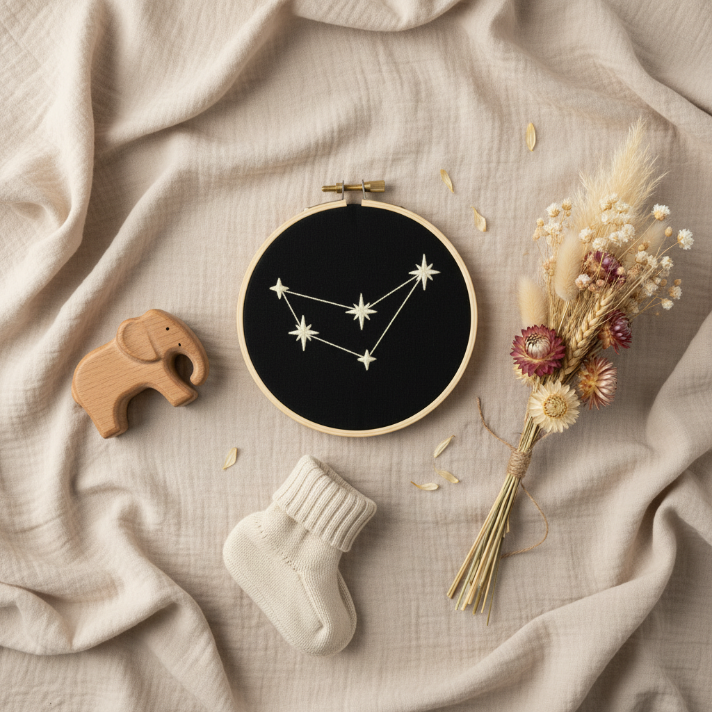 Stickrahmen Steinbock Flatlay mit Musselin