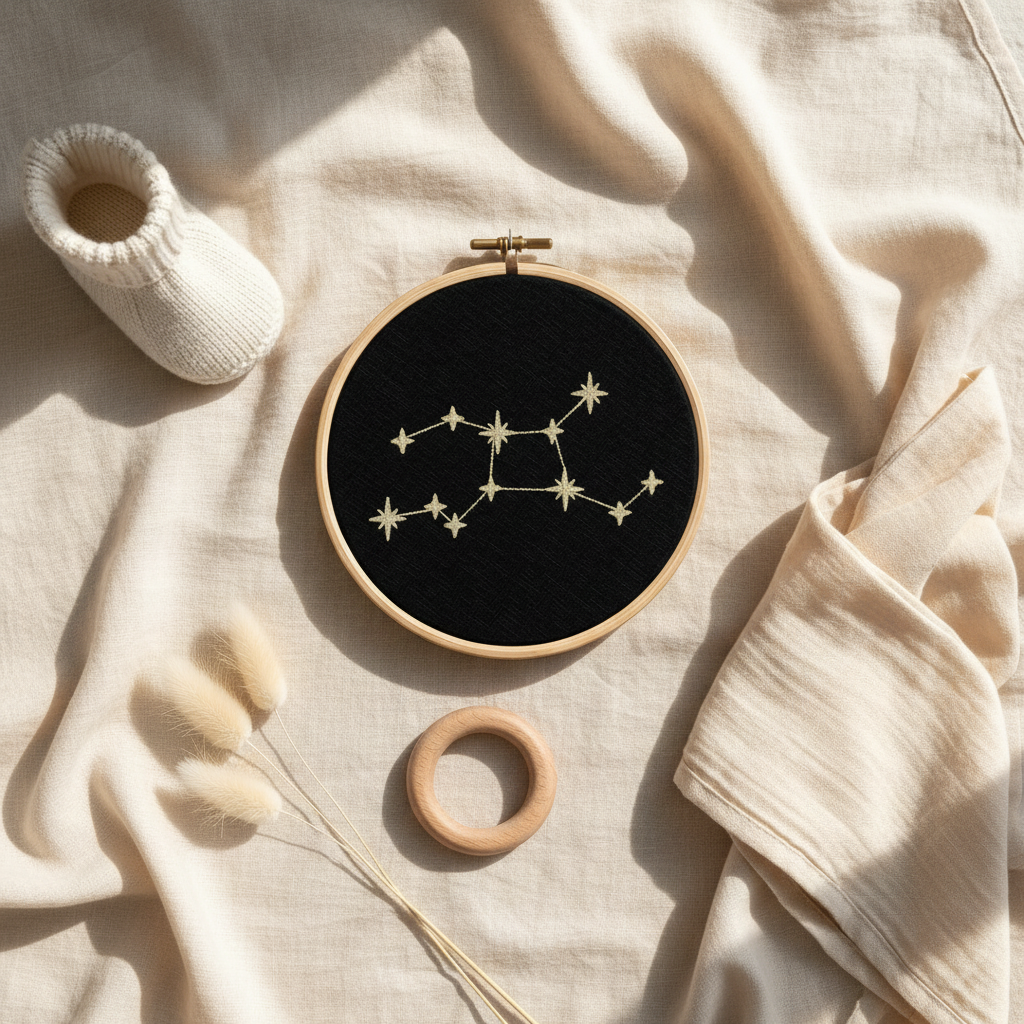 Stickrahmen Virgo Flatlay mit Musselin