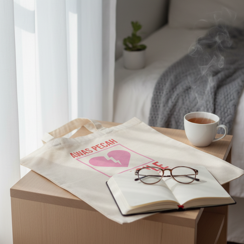 Baumwollbeutel Fragile Handle with Care auf Nachttisch mit Tagebuch und Teetasse