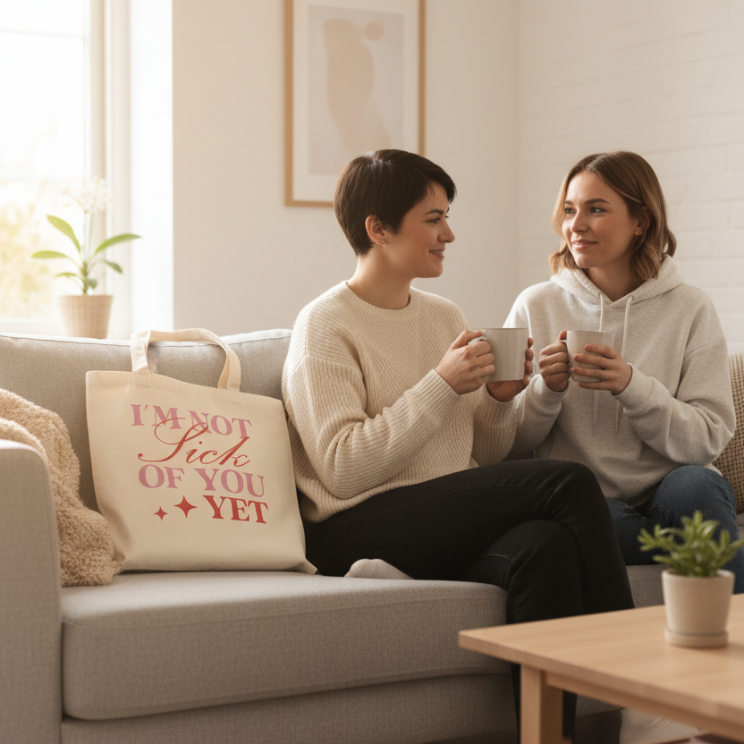 Baumwollbeutel I'm not sick of you yet auf Sofa bei gemütlichem Freundschaftstreffen mit Kaffee