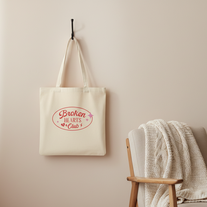 Stoffbeutel Broken Hearts Club mit rosa Logo hängt an Wand neben Strickdecke und Pflanze