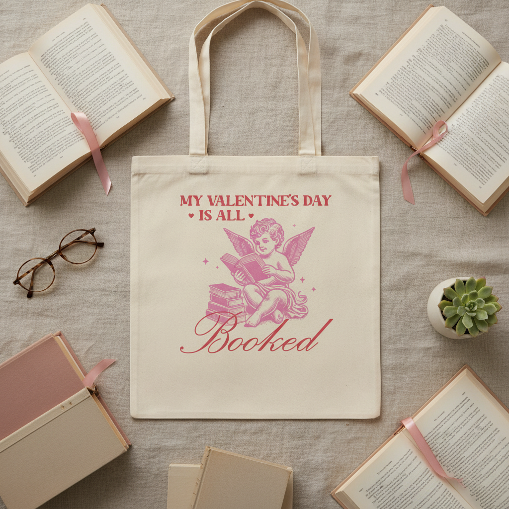 Stoffbeutel Valentinstag Flat Lay mit Büchern Lesebrille und Pflanze auf Leinen
