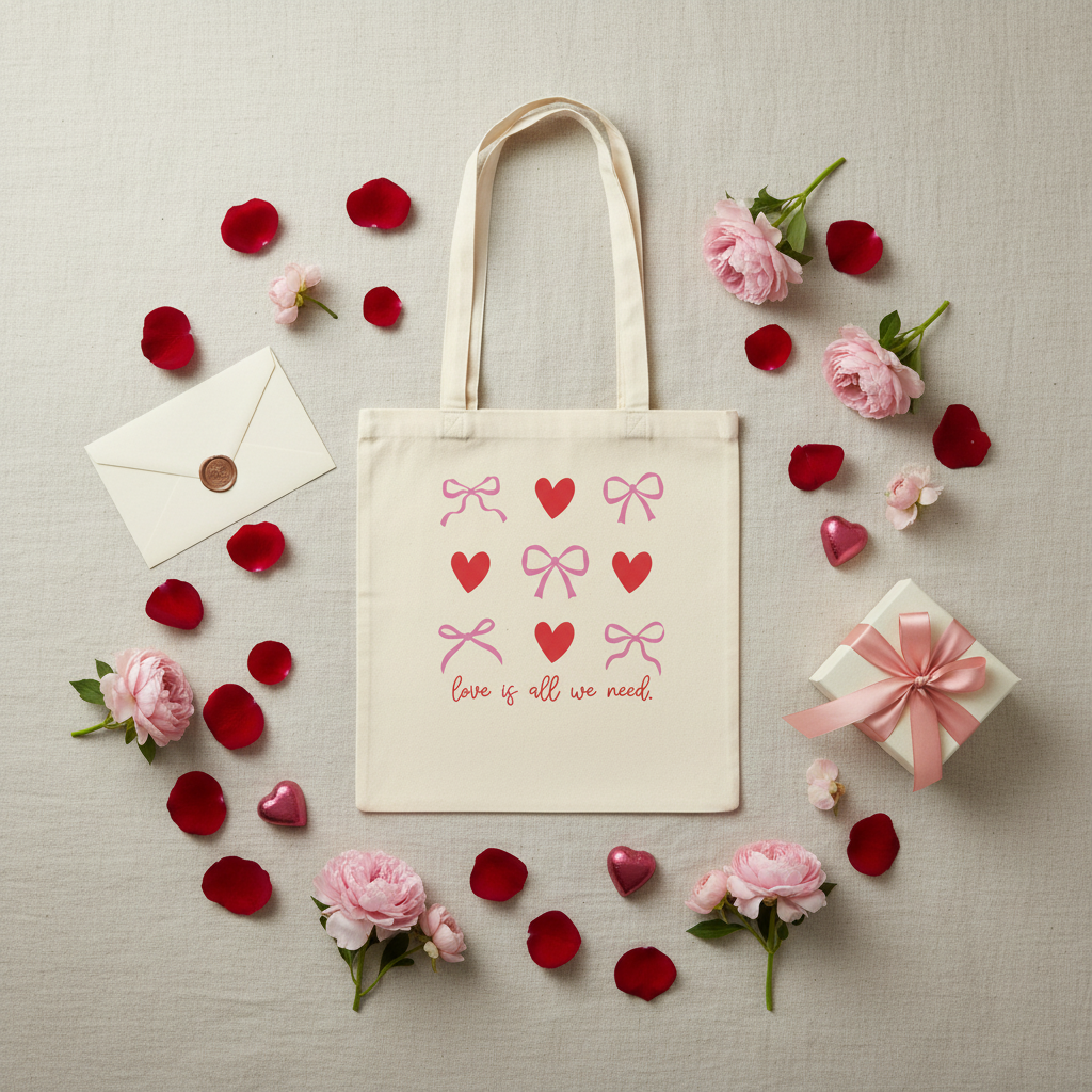 Stoffbeutel Love is all we need Flat Lay mit Rosenblättern Liebesbrief und Schokoladenherzen