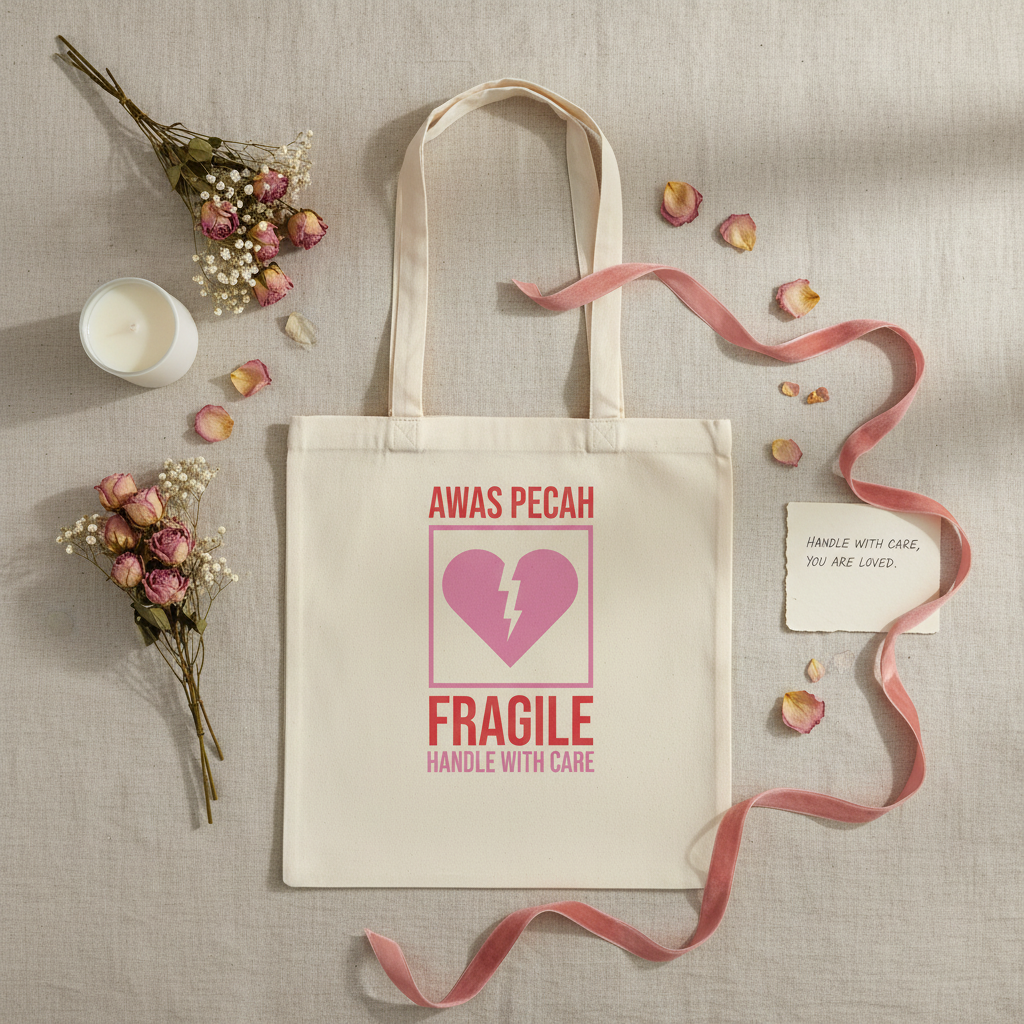Stoffbeutel Fragile Flat Lay mit Kerze Trockenblumen und Selbstliebe Accessoires