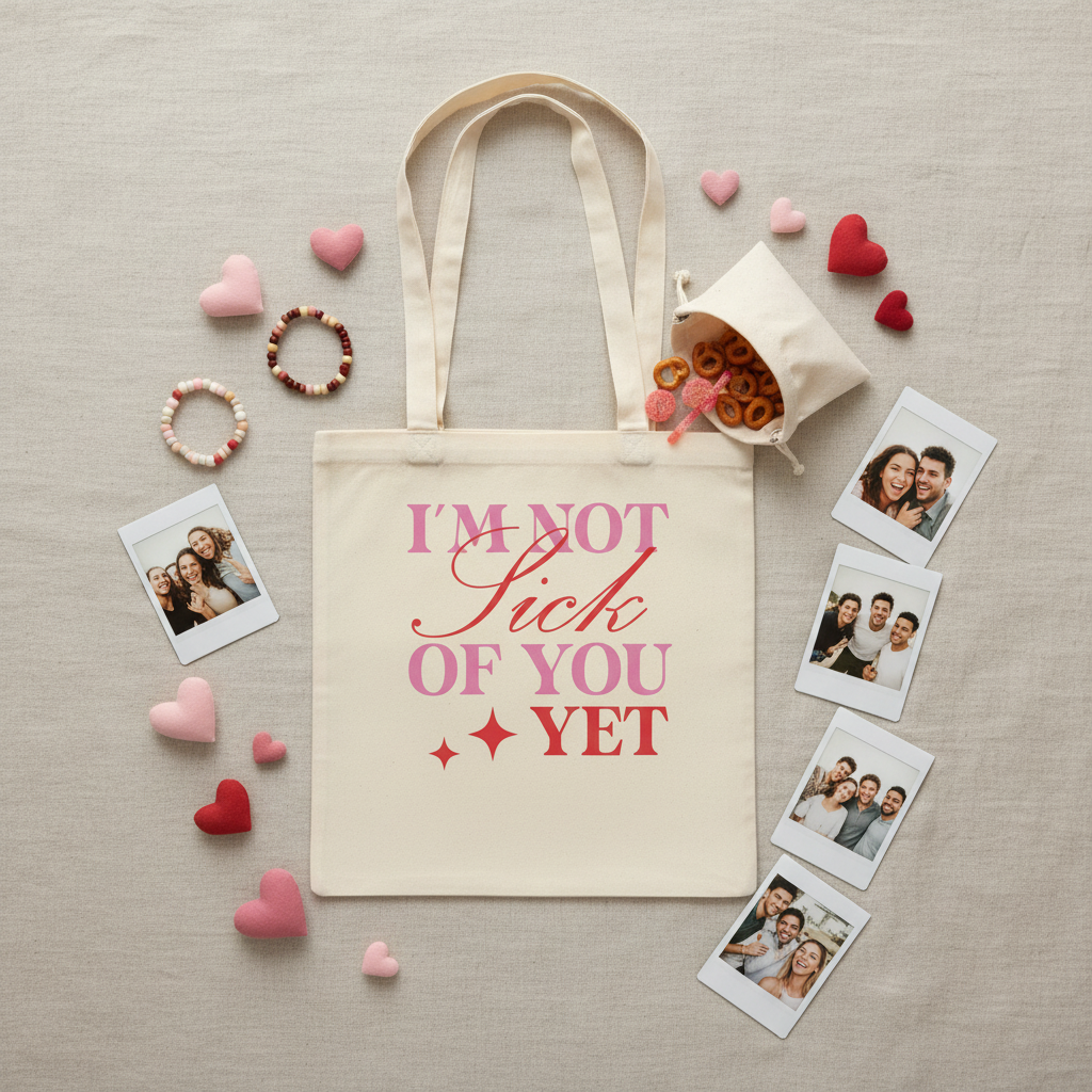 Stoffbeutel I'm not sick of you yet Flat Lay mit Freundschaftsarmbändern Polaroids und Snacks