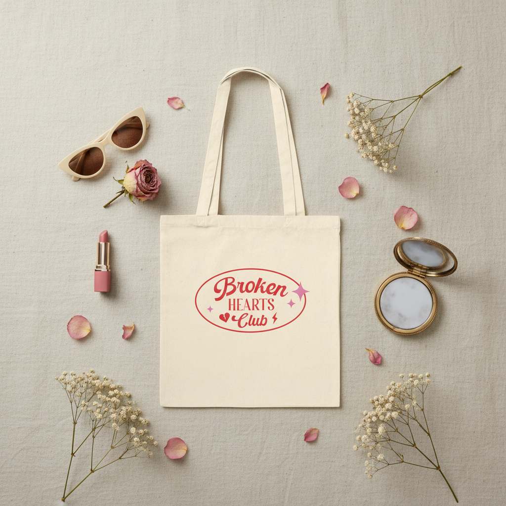 Stoffbeutel Broken Hearts Club Flat Lay mit Sonnenbrille Lippenstift und Blumen