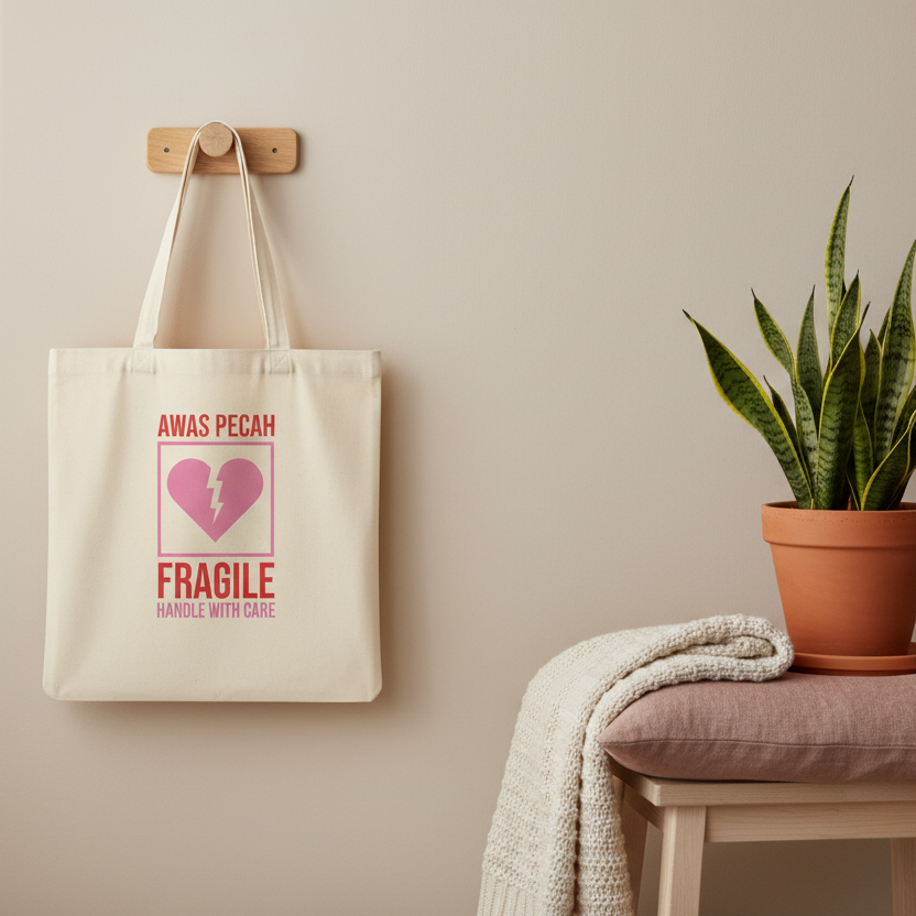 Stoffbeutel Fragile mit gebrochenem Herz Design hängt an Wand neben Textilien und Pflanze