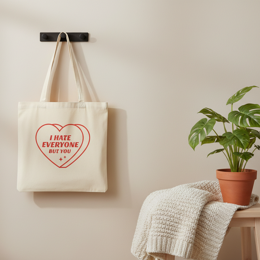 Stoffbeutel I hate everyone but you mit rotem Herz Design hängt an Wand neben Strickdecke