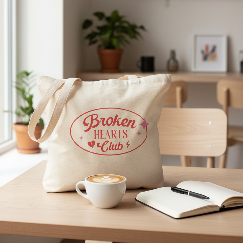 Baumwollbeutel Broken Hearts Club auf Café-Tisch mit Kaffeetasse und Notizbuch