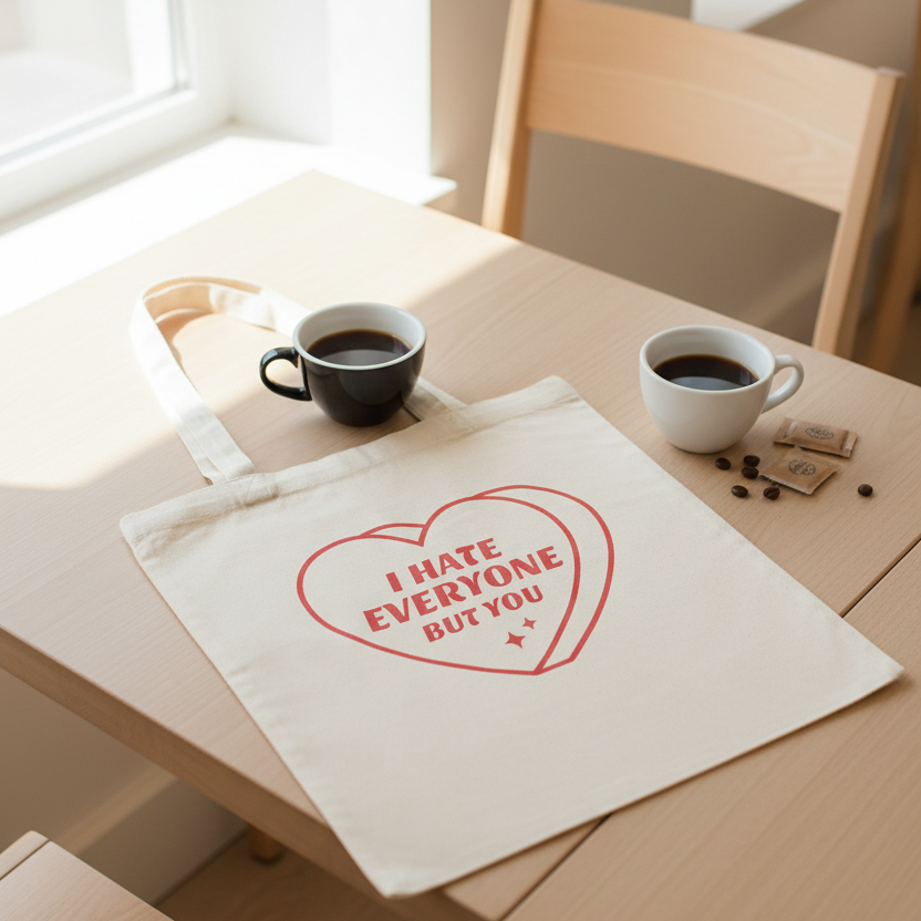 Baumwollbeutel I hate everyone but you auf Café-Tisch mit zwei Kaffeetassen für Freunde