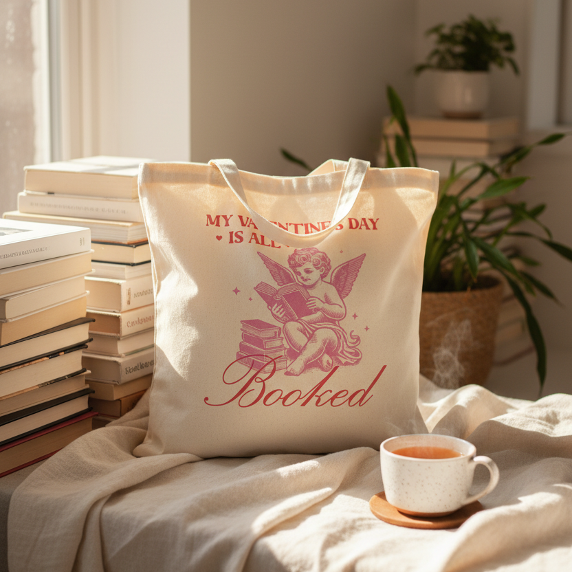 Baumwollbeutel für Buchliebhaber gefüllt mit Büchern auf Lesedecke mit Tasse Tee
