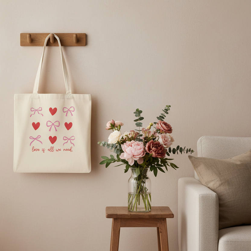 Stoffbeutel Love is all we need mit rosa Schleifen und roten Herzen hängt an Wand neben Blumen