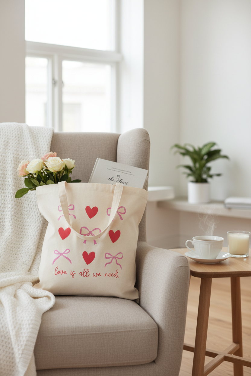 Baumwollbeutel Love is all we need gefüllt auf beigem Sessel mit Blumen und Buch neben Teetasse