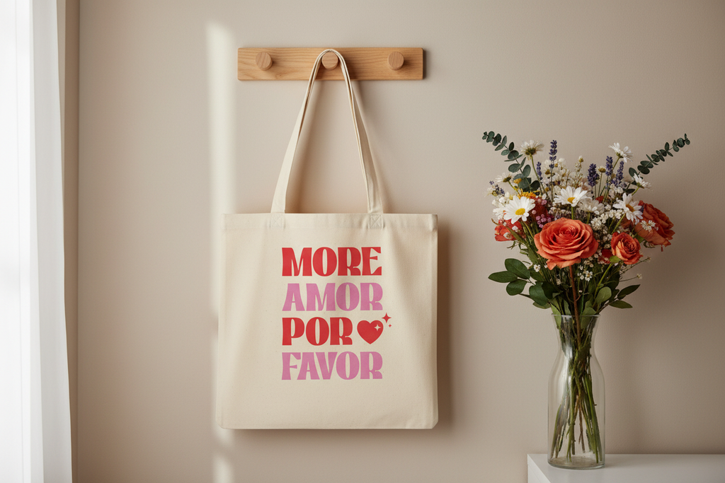 Stoffbeutel More Amor Por Favor mit rot-rosa Text hängt an Wand neben bunten Blumen