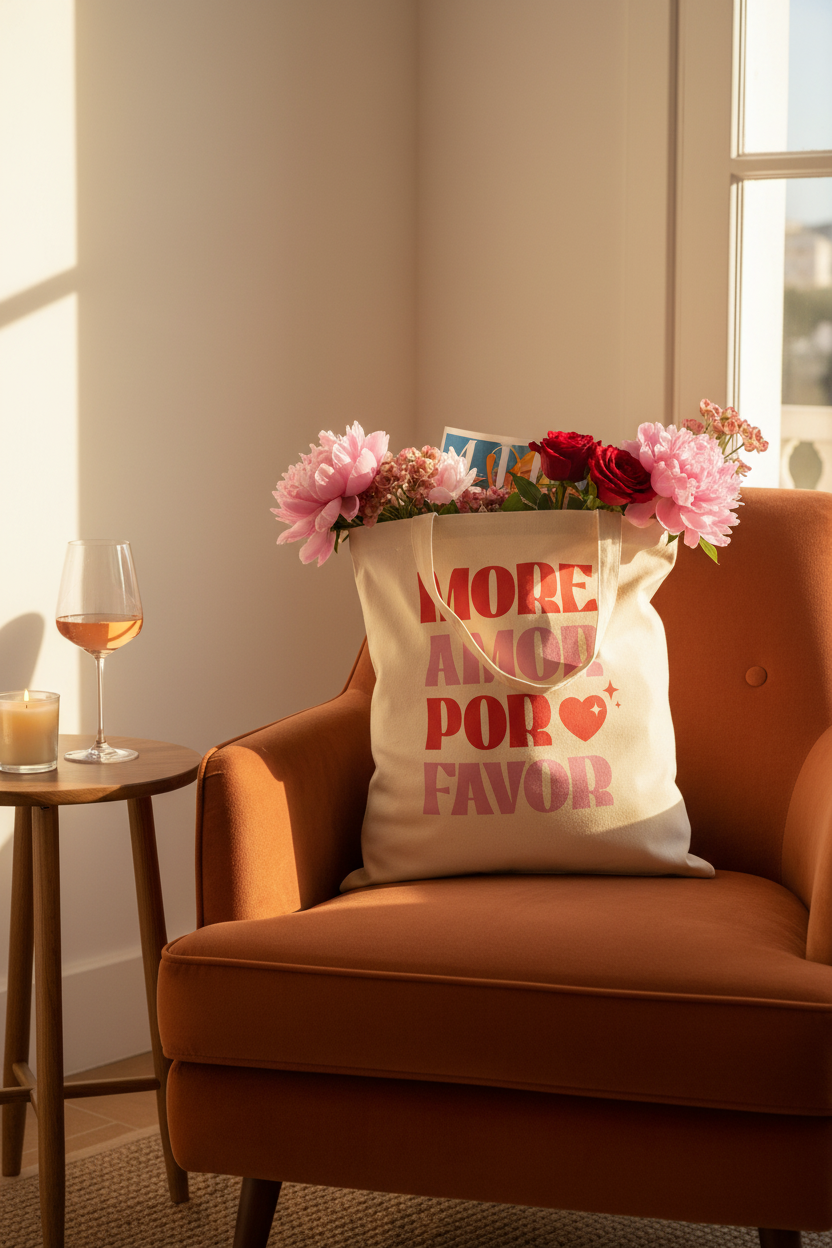 Baumwollbeutel More Amor Por Favor gefüllt auf terracotta Sessel mit Blumen und Roséwein