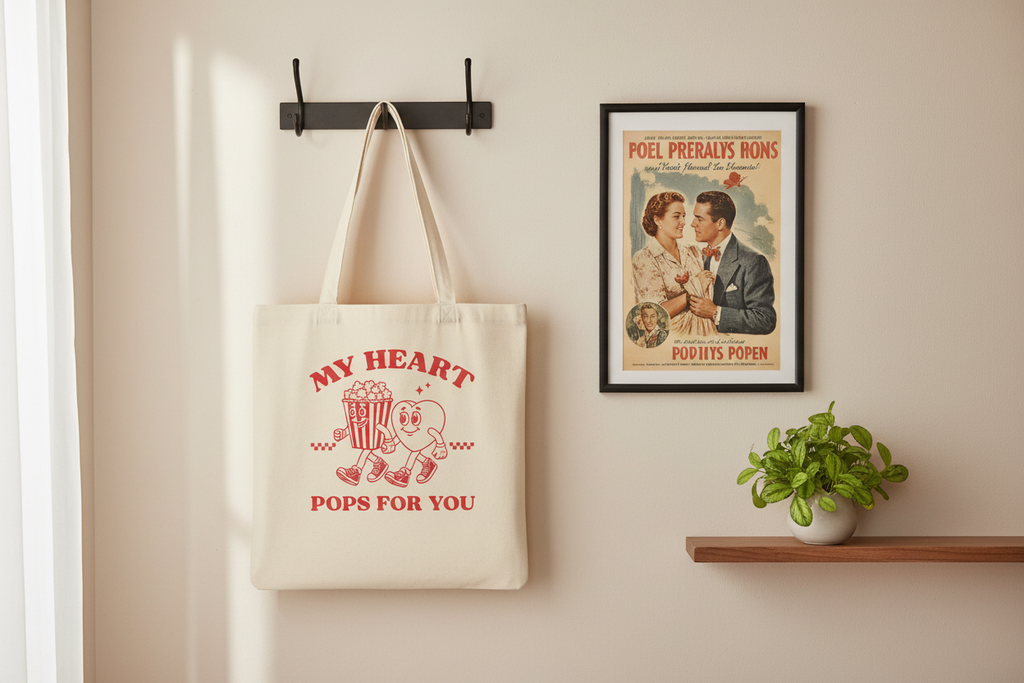 Stoffbeutel My heart pops for you mit Retro Popcorn und Herz hängt an Wand neben Vintage Filmplakat