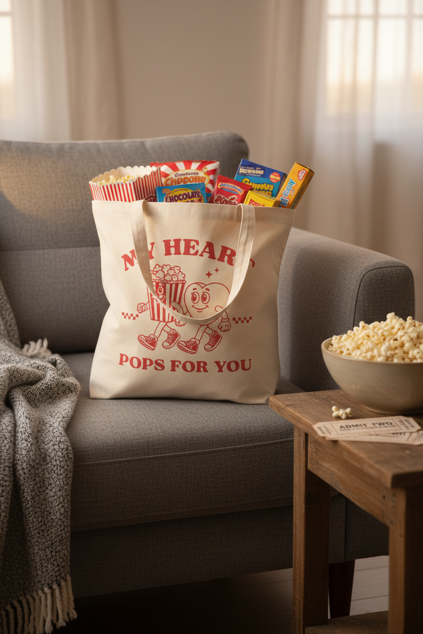 Baumwollbeutel My heart pops for you gefüllt auf grauem Sofa mit Popcorn und Kinokarten