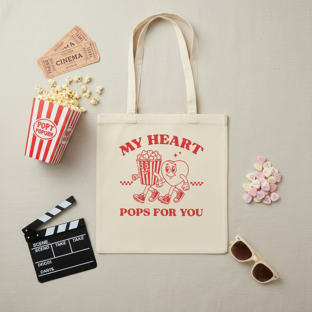 Stoffbeutel My heart pops for you Flat Lay mit Vintage Kinokarten Popcorn und Süßigkeiten