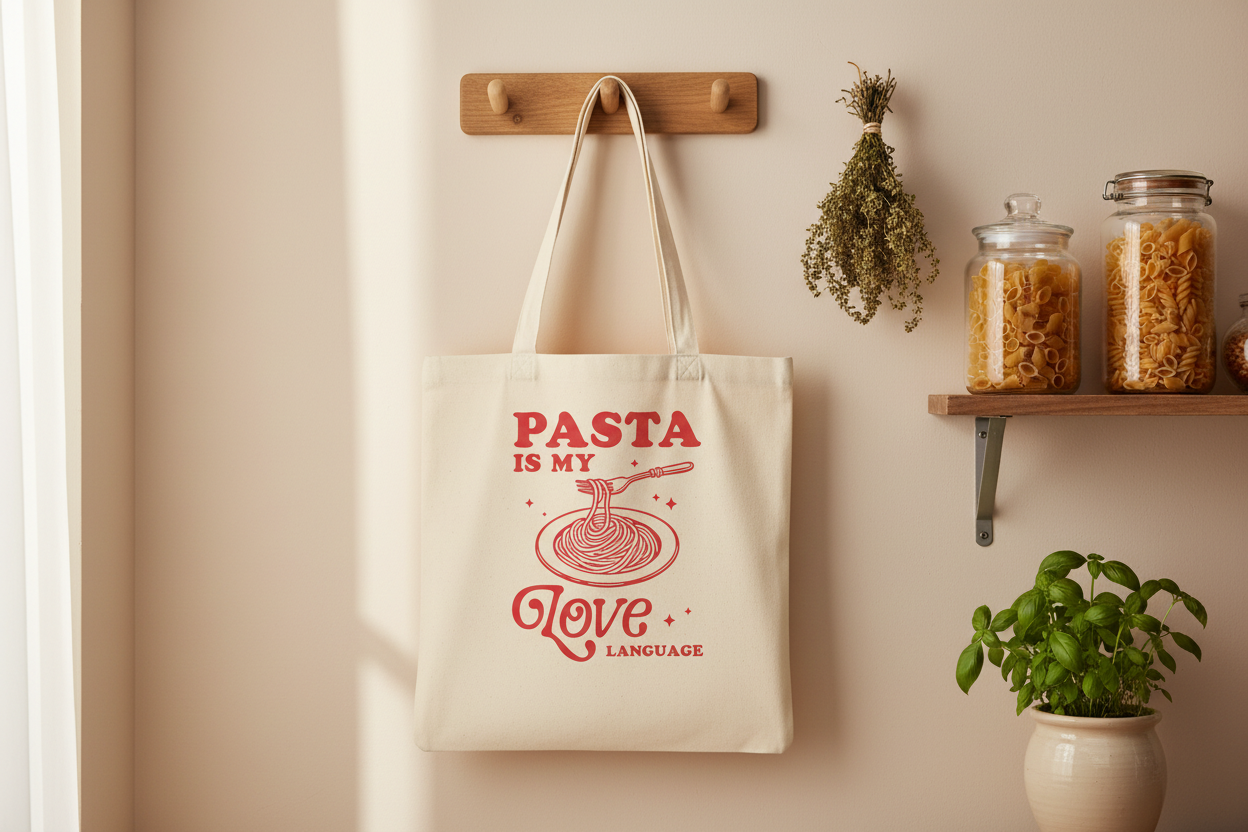 Stoffbeutel Pasta is my love language mit Spaghetti-Motiv hängt an Wand neben italienischer Küchendeko