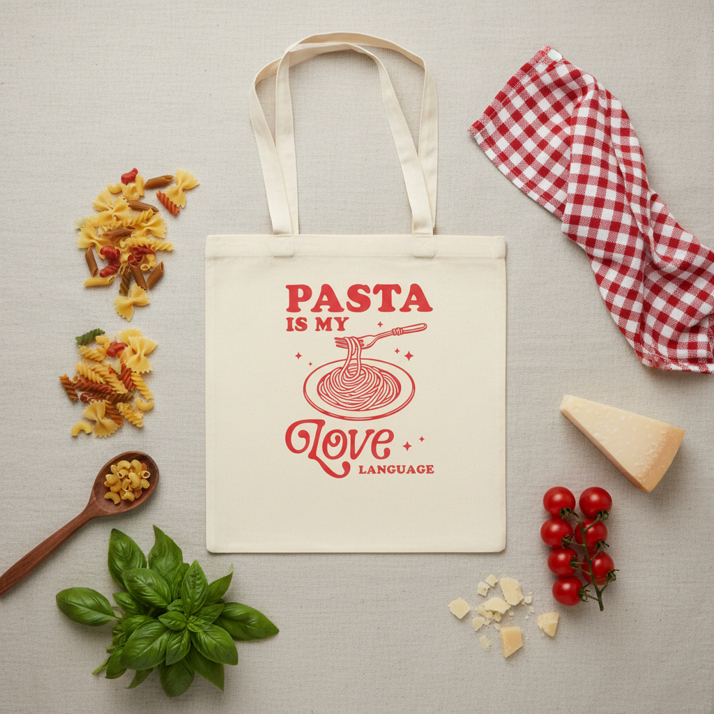 Stoffbeutel Pasta is my love language Flat Lay mit Pasta Basilikum Tomaten und Parmesan