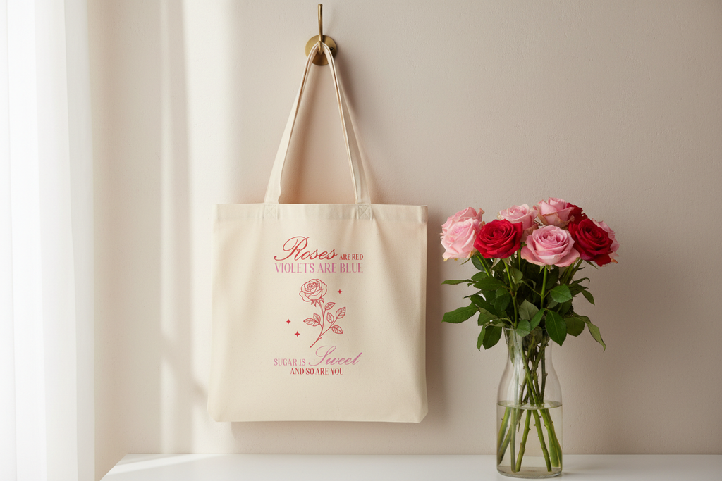 Stoffbeutel Roses are red mit Liebesgedicht und Rosen-Motiv hängt an Wand neben frischen Rosen