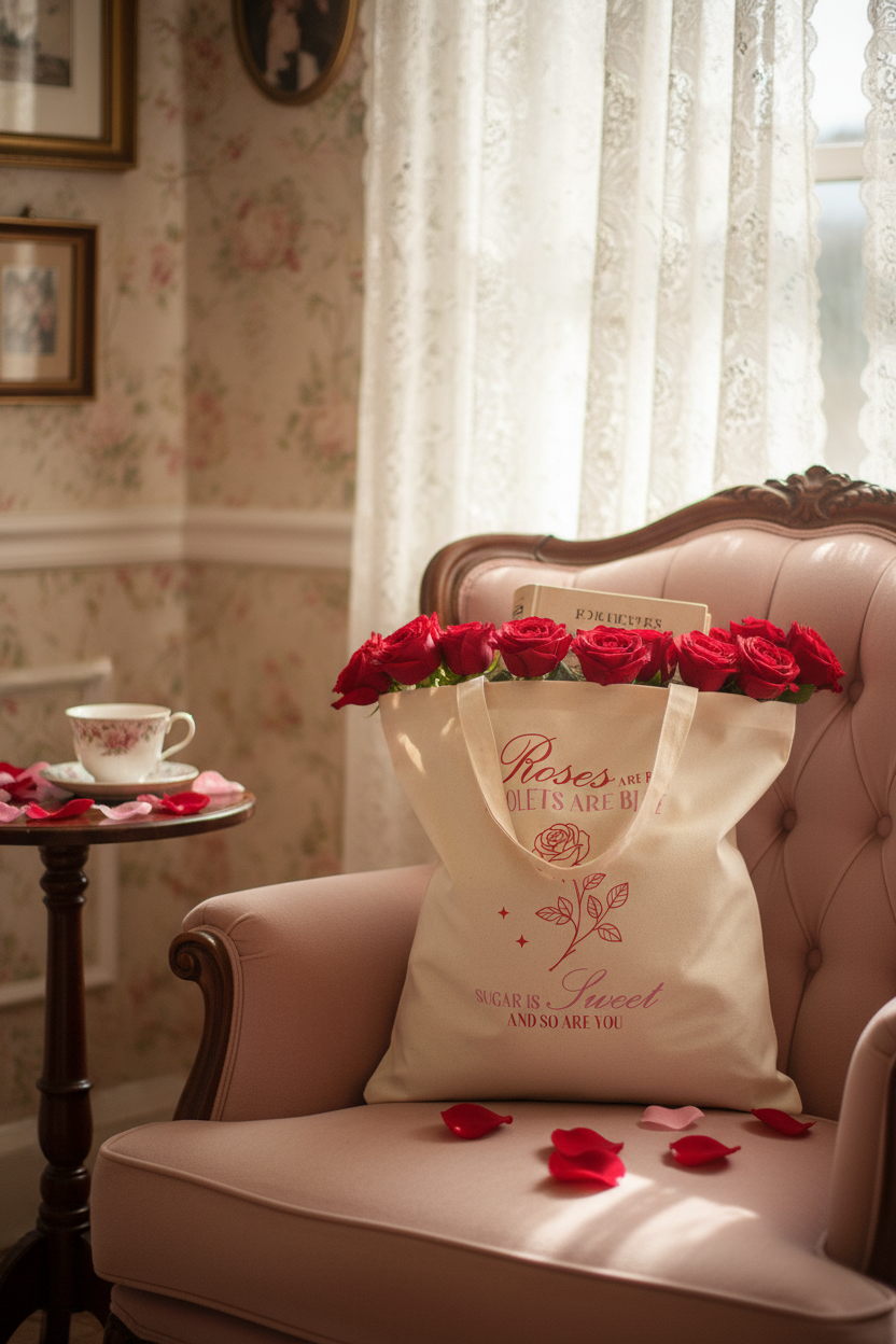 Baumwollbeutel Roses are red gefüllt auf rosa Vintage-Sessel mit roten Rosen und Gedichtbuch