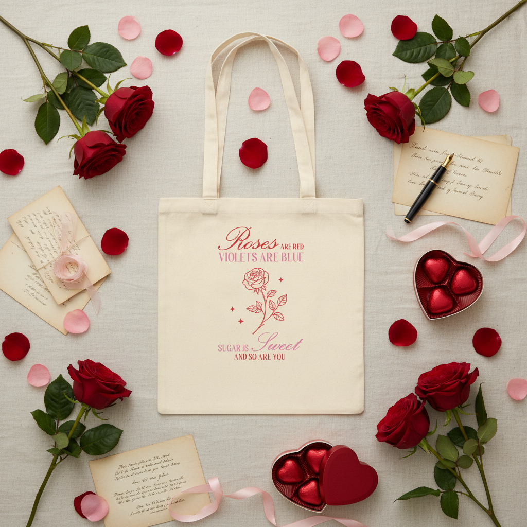 Stoffbeutel Roses are red Flat Lay mit roten Rosen Liebesbriefen und Rosenblättern