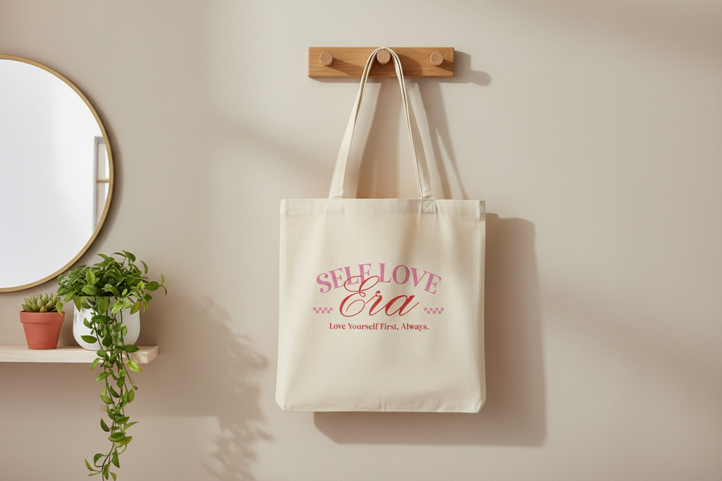 Stoffbeutel Self Love Era mit rosa-rotem Text hängt an Wand neben Spiegel und Pflanzen