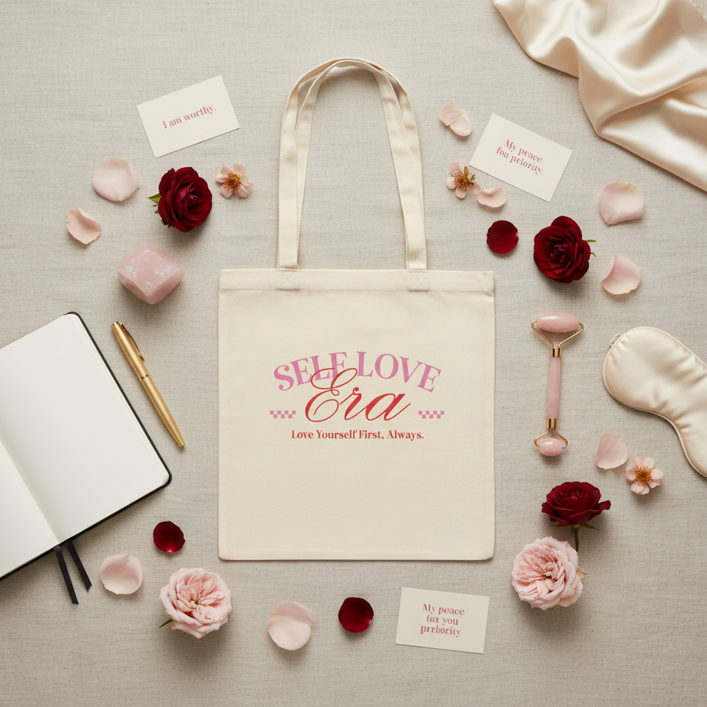 Stoffbeutel Self Love Era Flat Lay mit Rosenquarz Face Roller und Wellness-Accessoires