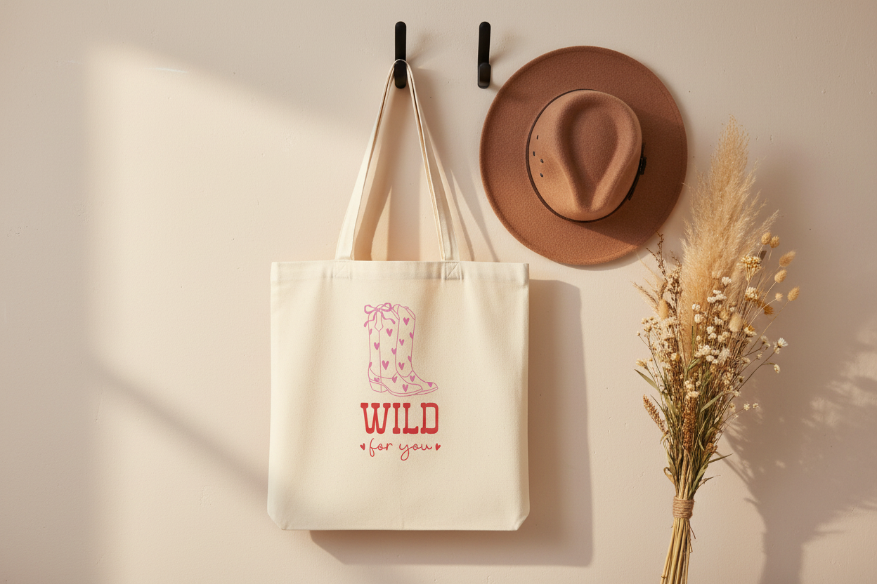 Stoffbeutel Wild for you mit rosa Cowboy-Stiefeln und Herzen hängt an Wand neben Western-Deko