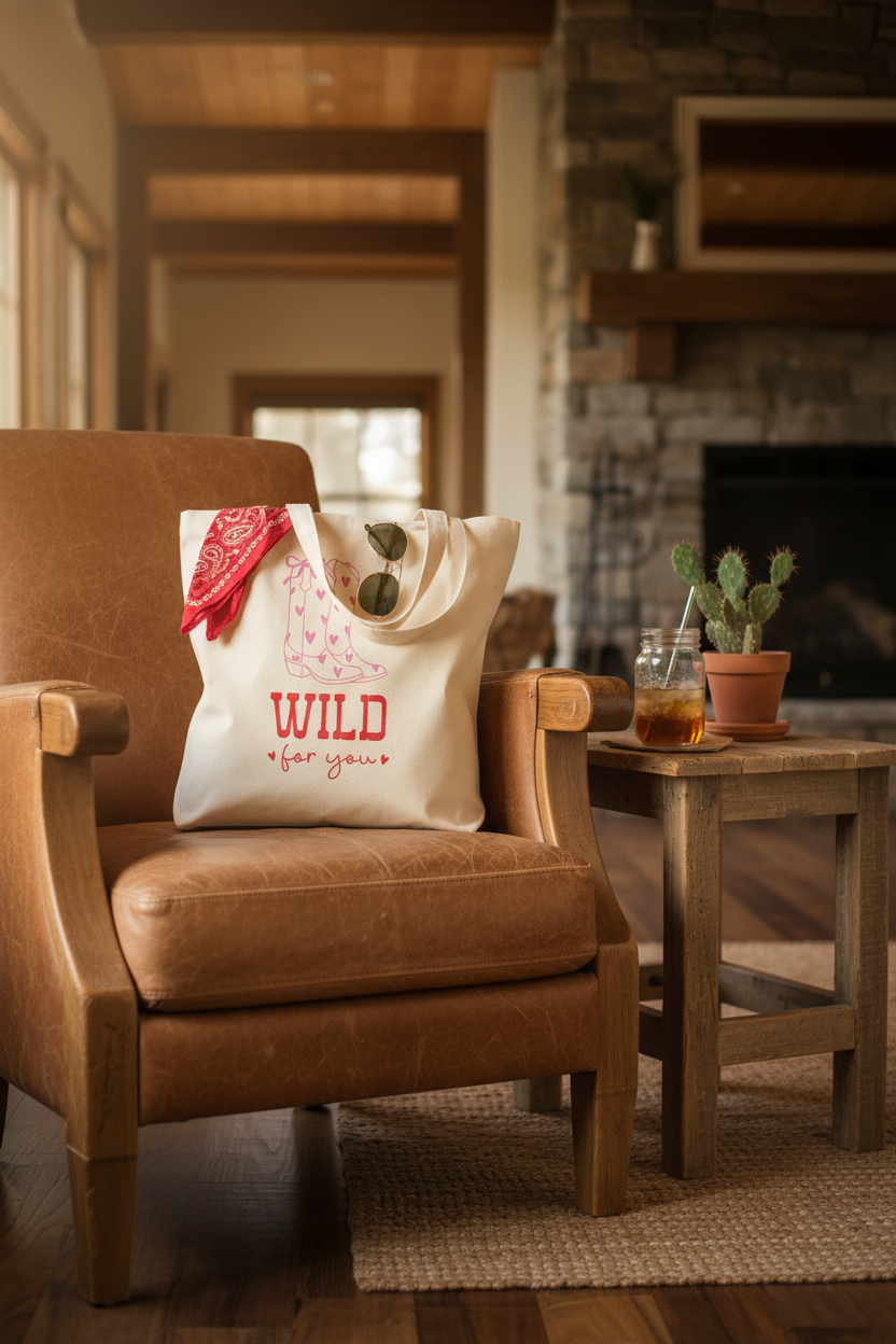 Baumwollbeutel Wild for you gefüllt auf braunem Ledersessel mit Bandana und Kaktus