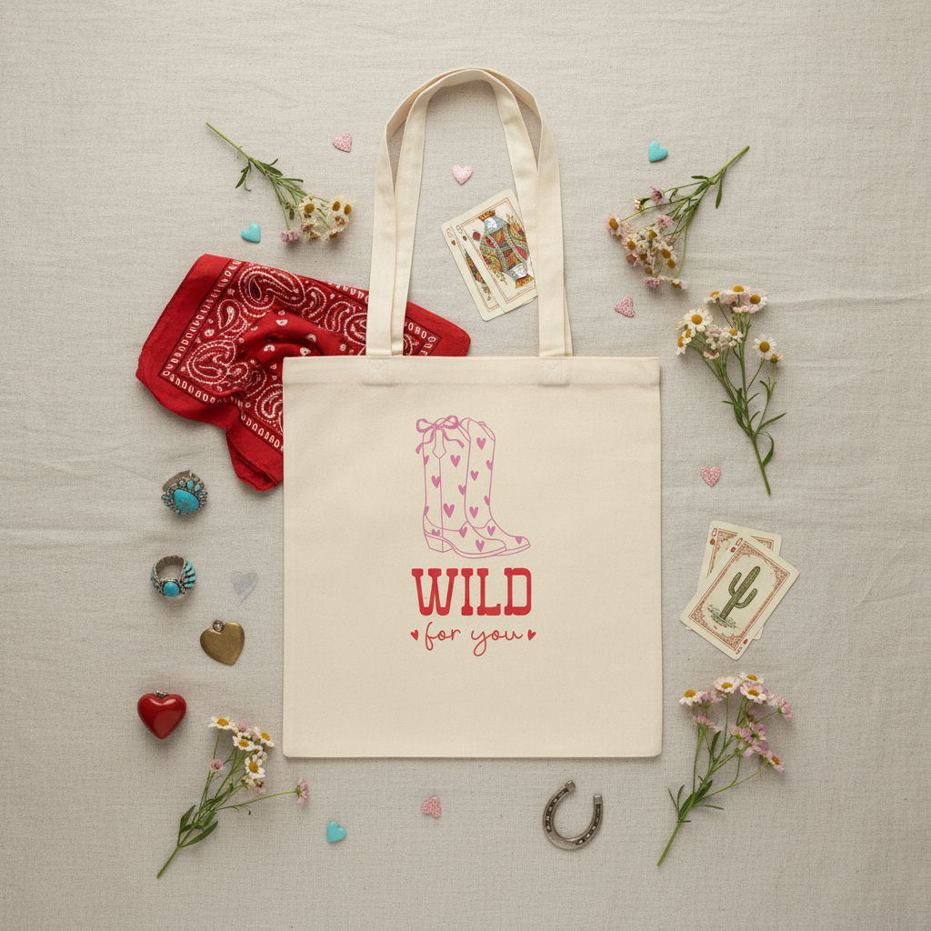 Stoffbeutel Wild for you Flat Lay mit rotem Bandana Türkis-Schmuck und Wildblumen