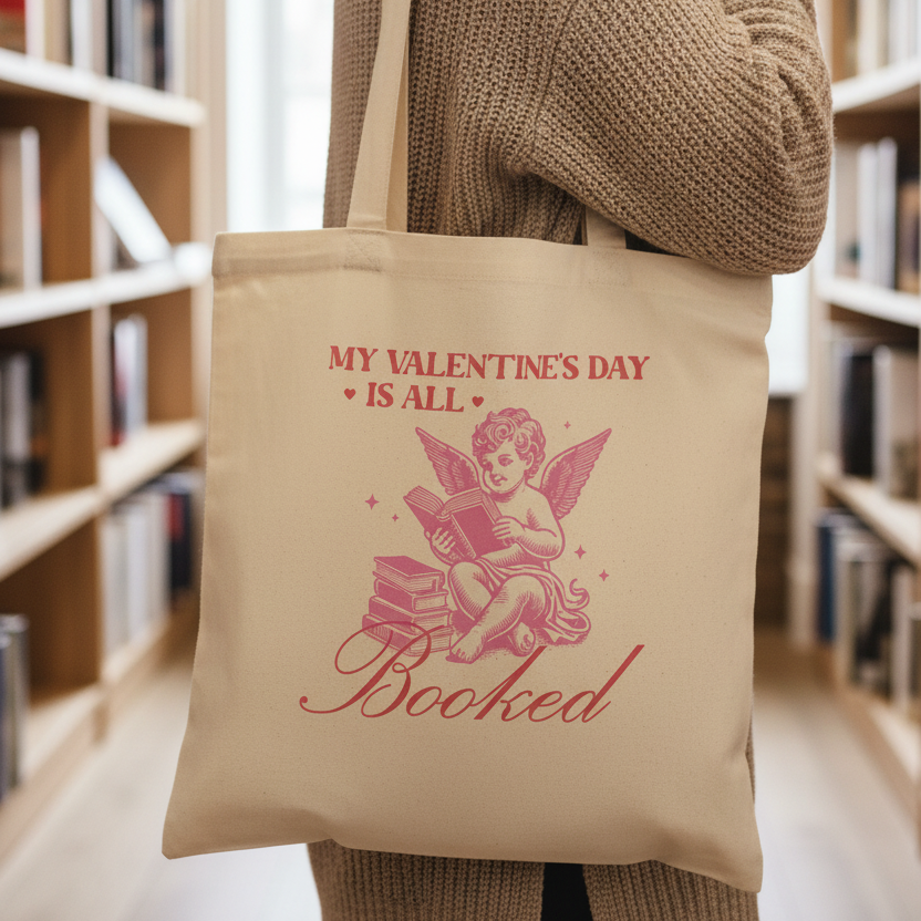 Frau trägt Stoffbeutel My Valentine's Day is all booked in Buchhandlung
