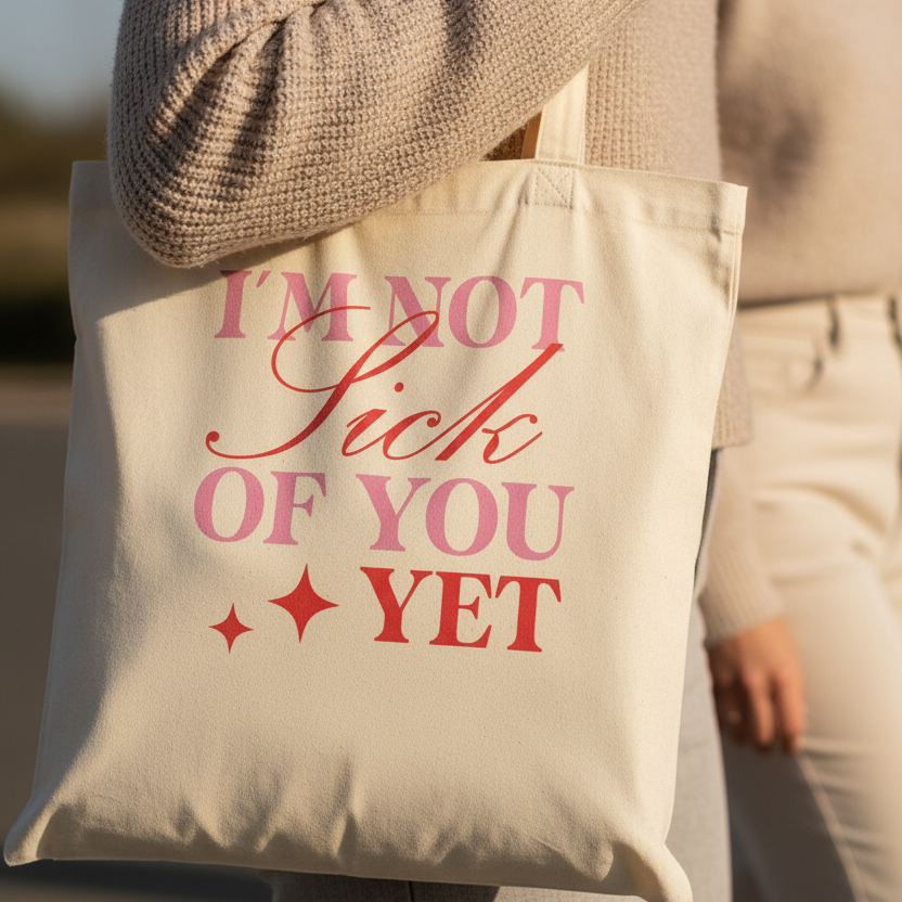 Frau trägt Freundschafts-Stoffbeutel I'm not sick of you yet in beigem Pullover mit Freundin