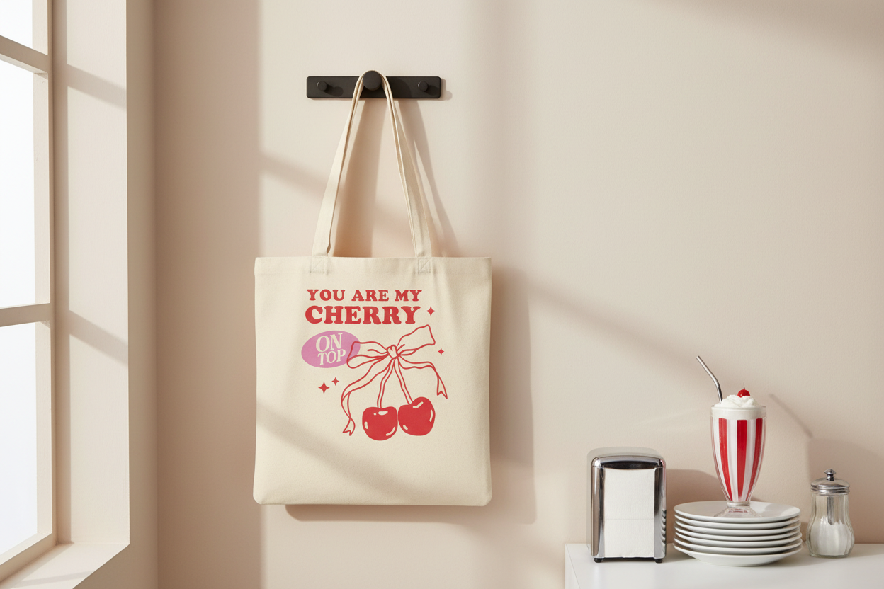 Stoffbeutel You are my cherry on top mit Kirschen-Motiv hängt an Wand neben Retro-Diner-Deko