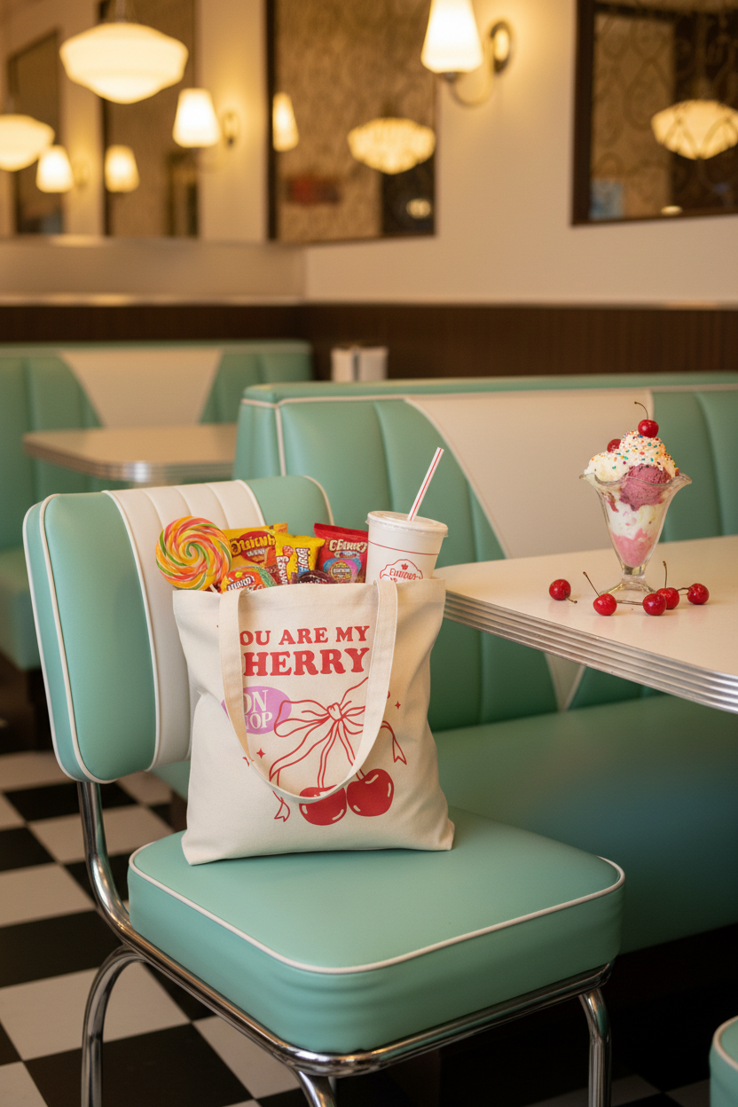 Baumwollbeutel You are my cherry on top gefüllt auf mintgrünem Retro-Stuhl mit Sundae und Kirschen