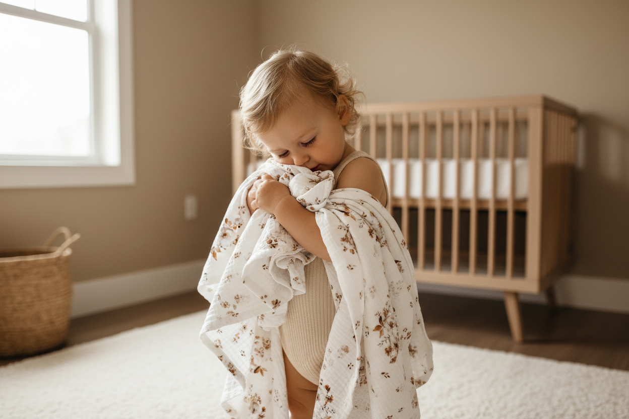 Toddler cuddling with musselin cloth