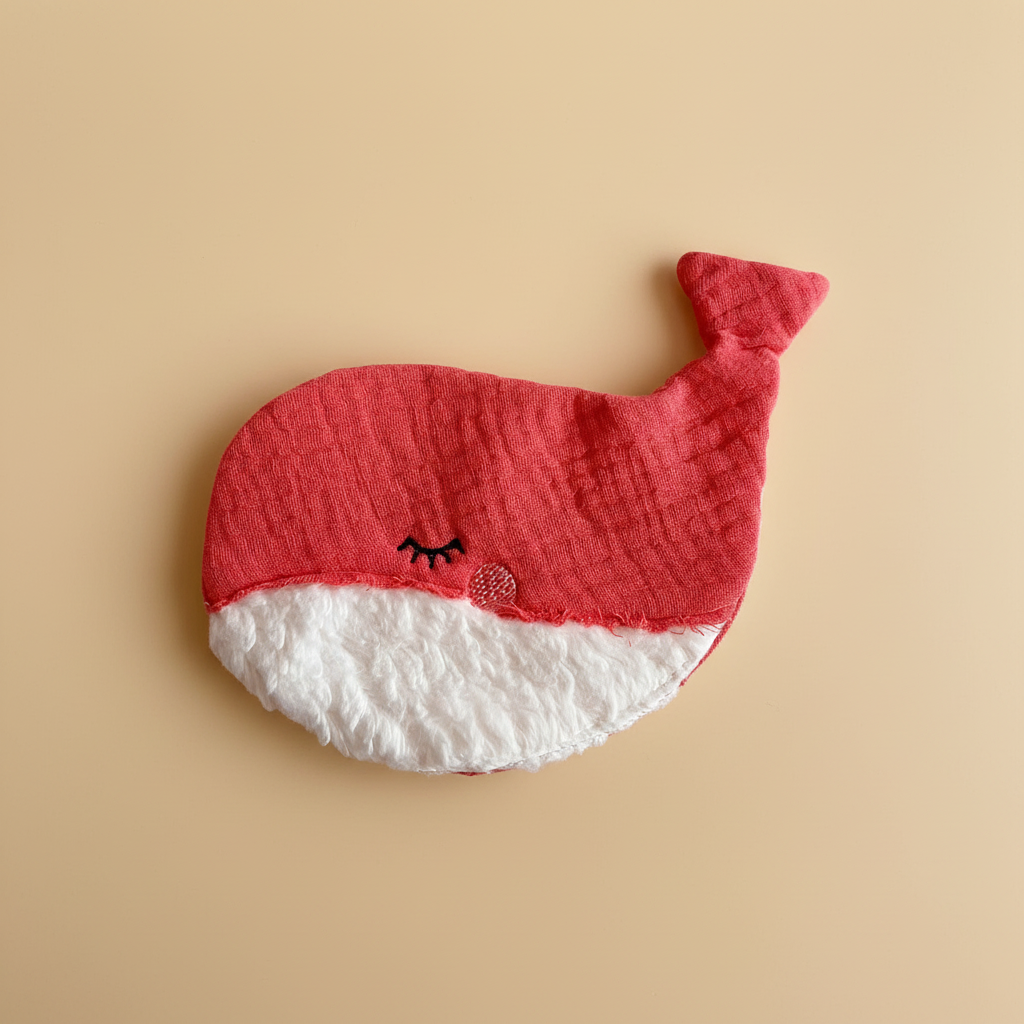 Whale crinkle toy with bright coral-red waffle musselin fabric