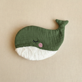 Whale crinkle toy with forest green waffle musselin fabric