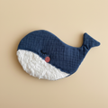 Whale crinkle toy with indigo blue waffle musselin fabric