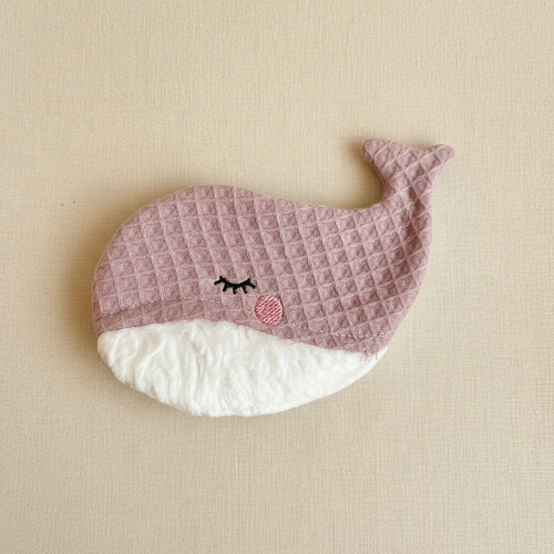 Whale crinkle toy with mauve-pink waffle pique fabric