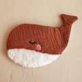 Whale crinkle toy with terracotta brown waffle musselin fabric