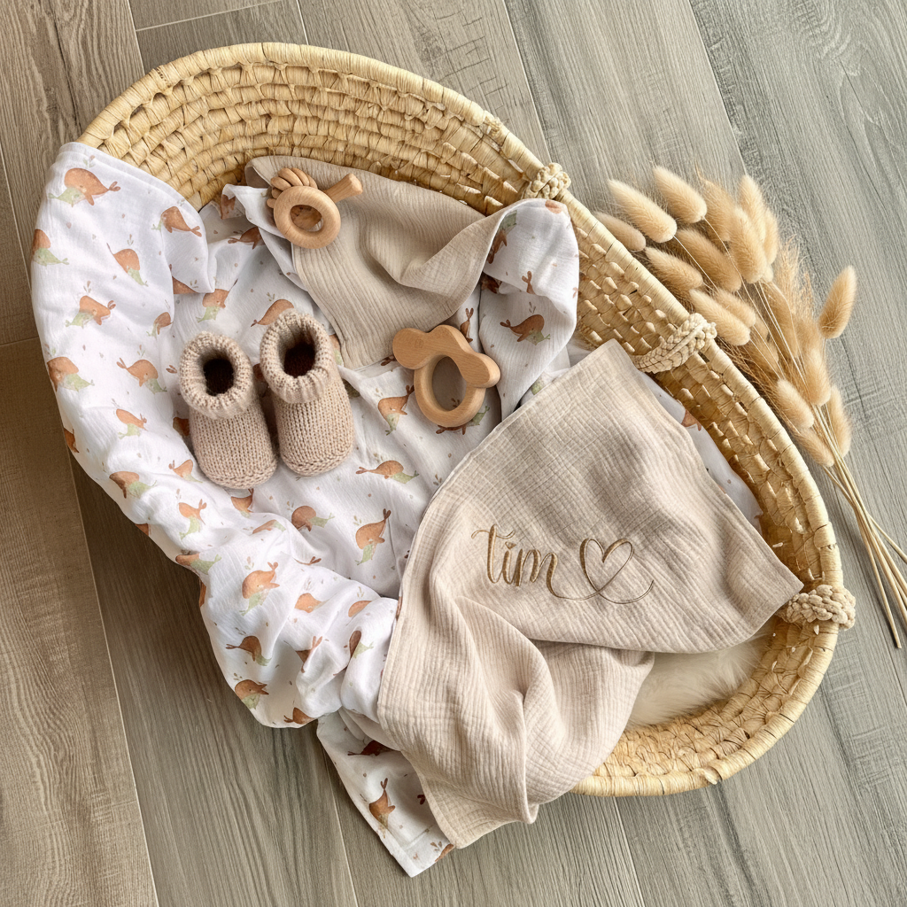 Whale musselin nursery flatlay