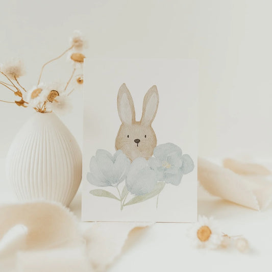 Card “Rabbit with Blue Flowers”, white
